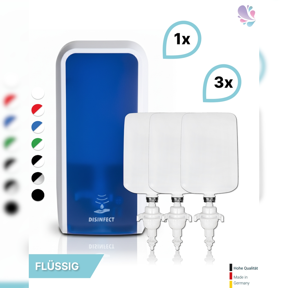 Blanc HYGIENIC SET: Desinfektionsspender SENSOR, berührungslos Blanc Cosmos + 3x 1-L Haut- und Händedesinfektion - PRODUKTSET : Farbe - Blau / Weiß Image