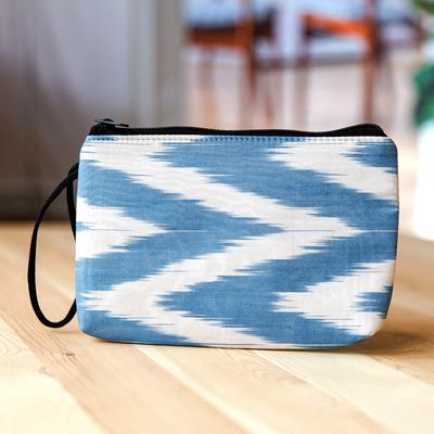 Ikat Serenity,'Blue and White Ikat Patterned Cotton Zippered Cosmetic Bag'