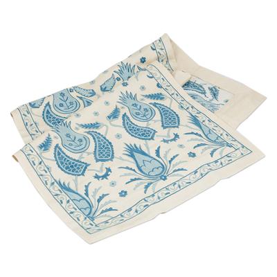 Heavenly Reunions,'Suzani Embroidered Blue and Ivory Silk Blend Table Runner'