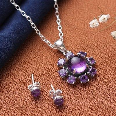 Solar Wisdom,'Polished Sun-Themed Amethyst Jewelry Set from India'