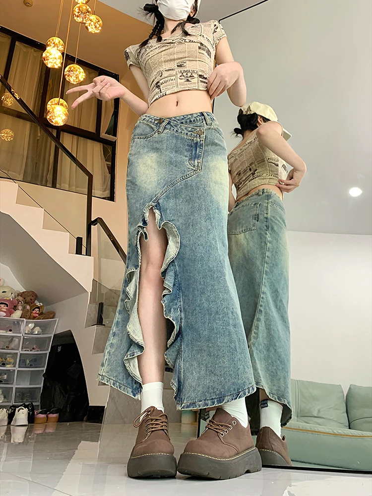 Frauen Meerjungfrau Rock Kleidung blauen Rock Harajuku koreanischen Mädchen lässig schicke Mode Vintage A-Linie Jeans rock Split Saum Coquette
