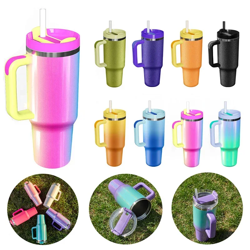 40 Unzen Thermoskanne Farbverlauf Regenbogen farbe Edelstahl mit Griff isolierte Wasser flasche Doppels chicht Kaffeetasse Reise auto Tassen Image