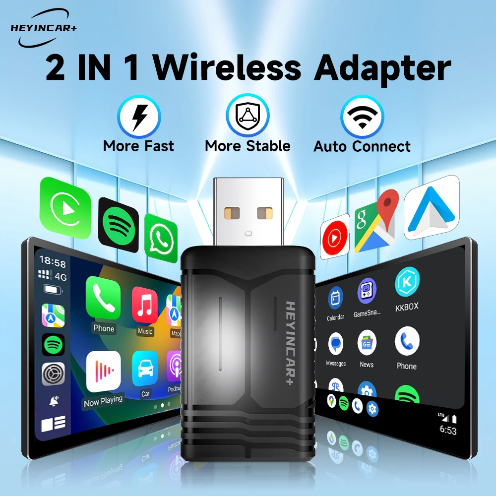 2026 NEUER HEYINCAR 2-in-1 Smart Wireless Android Auto Adapter Carplay Wireless für Volvo MG Benz Hyundai Fiat Mazda Opel Audi Image