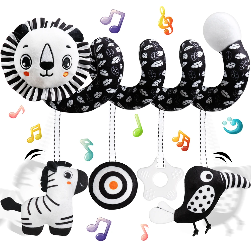 Baby-Autositz-Spielzeug, schwarz-weißer Löwe, Koala, Rassel, Spirale, hängende Aktivität, Kinderwagen-Spielzeug für Neugeborene, Kinderbett, mobiles sensorisches Spielzeug, Geschenke Image