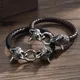 Bracelet tête de loup en acier rétro pour homme bracelet en cuir tressé noir breloque