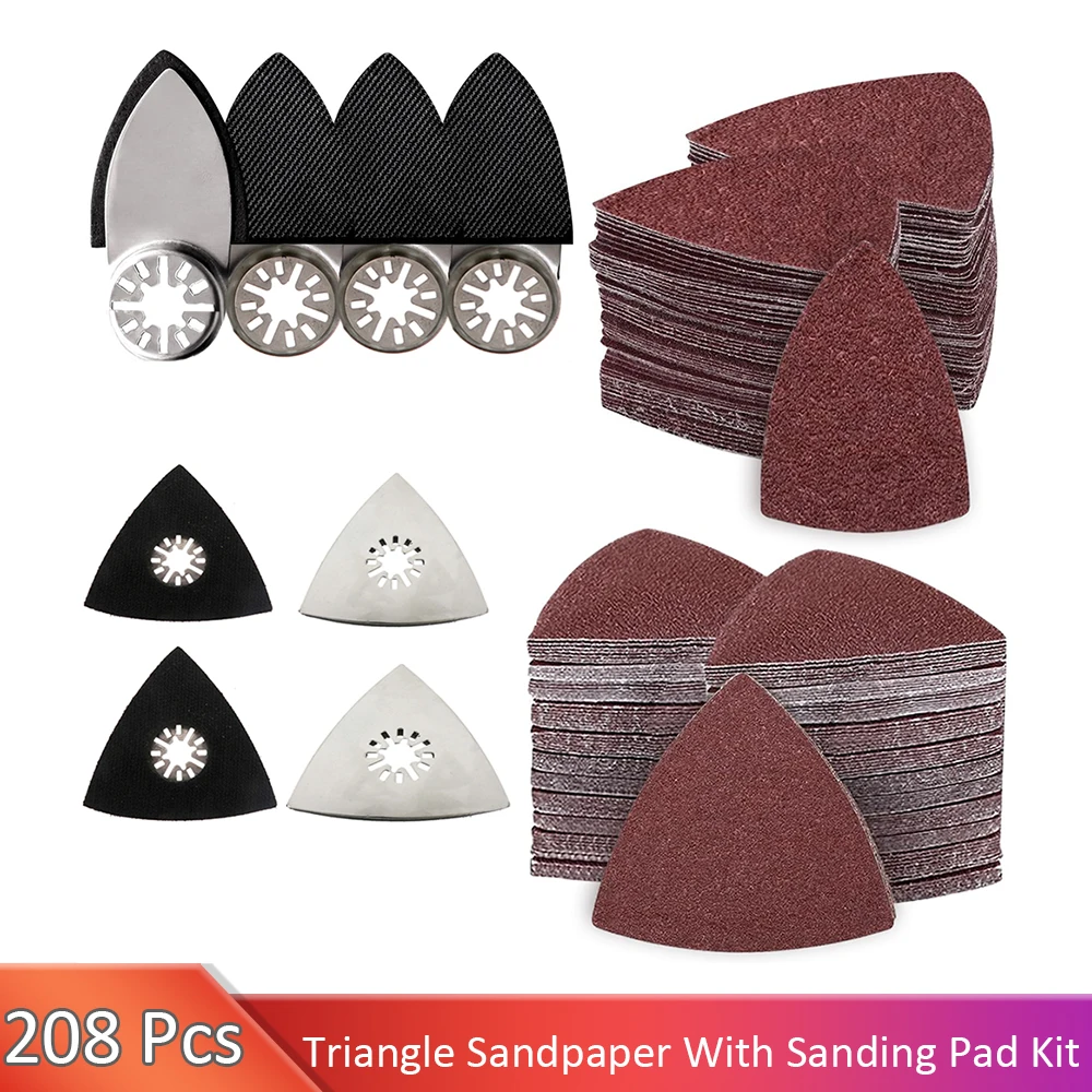 Kit di tamponi abrasivi per utensili oscillanti da 208 pezzi 4 tamponi abrasivi triangolari e 4 tamponi abrasivi per dita, set di carta vetrata multiutensile da 200 pezzi