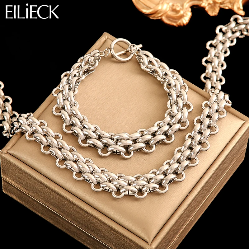 EILIECK Acciaio inossidabile 316L Colore argento Catena cubana Dichiarazione Collana Bracciale Set Fascino Moda Donna Set di gioielli impermeabili