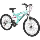 Vertical Dual Suspension Mountain Bike Girls 24 Inch Wheels with 18 Speed Grip Shiter and Dual Hand Brakes in Teal and Pink