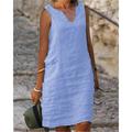 Damen Midikleid Baumwoll-Leinen-Kleider Freizeitkleid Baumwoll-Leinenkleid Shiftkleid Basic Lässig Urlaub Täglich Ausgehen Normale Passform Einfarbig Ärmellos V-Ausschnitt Gelb Rosa Blau Grün Sommer