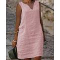 Damen Midikleid Baumwoll-Leinen-Kleider Freizeitkleid Baumwoll-Leinenkleid Shiftkleid Basic Lässig Urlaub Täglich Ausgehen Normale Passform Einfarbig Ärmellos V-Ausschnitt Gelb Rosa Blau Grün Sommer