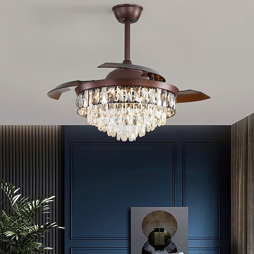 42 moderner Kristallkronleuchter Deckenventilator LED-Licht versenkbare Flügel mit Fernbedienung Image