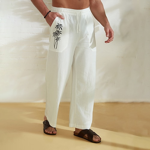 Herren Baumwollhose Hawaiihose Kokospalmen Grafikdruck Hose Sommerhose Strandhose Kordelzug Elastische Taille Lässig Alltag Urlaub Streetwear Image