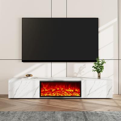 Modern Light Luxury Electric Fireplace TV Stand with LED Flame Effects, Adjustable in Multiple Colors, with 2 Drawers, Matte Sintered Stone, White, 78.74