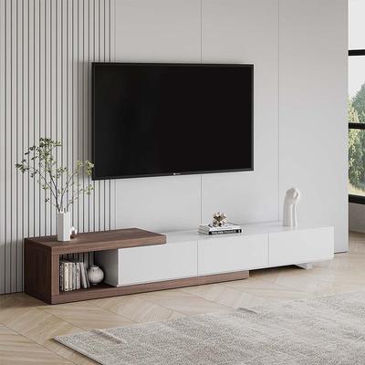 Modern Retractable Wood TV Stand with 3 Drawers, Open Storage,Walnut and White, 70.86”