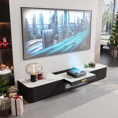 78"Modern TV Stand for Projector, Sintered Stone TV Cabinet with Drawers for Home Theater, Oak Veneer MDF, Black & White Media Console