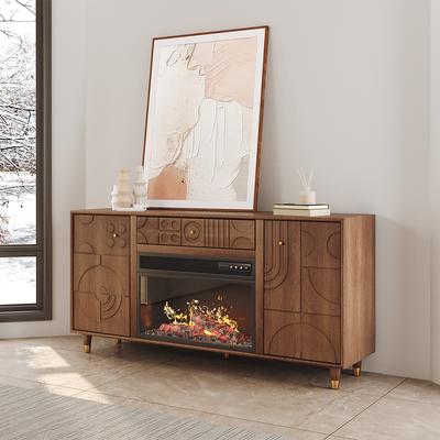 59.45'' Mid-Century Electric Fireplace TV Stand with LED Flame Effects, Walnut Color, MDF, Entertainment Center, Wood Media Console, Fully-Assembled