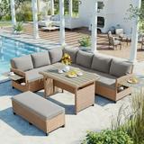 5-Piece Outdoor Patio Rattan Sofa Set Sectional PE Wicker L-Shaped Garden Furniture Set with 2 Extendable Side Tables Dining Table and Washable Covers for Backyard Poolside Indoor Brown