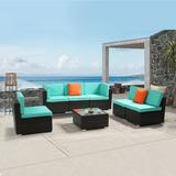 BAYUELSWU Patio Furniture Set 7 Pieces Rattan Wicker Sofa Set Outdoor Sectional Furniture Outdoor Dining Set All Weather Couch Conversation Sets w/Thick Cushions Glass Coffee Table & 2 x Hold Pillow
