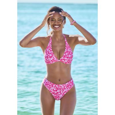 Bikini-Hose VIVANCE "Leni", Damen, Gr. 34, N-Gr, weiß (neonpink, weiß), Microfaser, floral, bedruckt, Badehosen, mit gelaserter Wellenkante Image