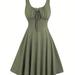 Tie Front Scoop Neck Dress, Casual Ring Sleeveless Backless Ruched A-line Dress For Spring & Summer, Women's Clothing