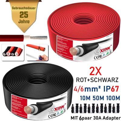 2PACK Solarkabel Rot+Schwarz 50+50m 4mm² 12AWG 1800V Verlängerungskabel inkl.Solarstecker