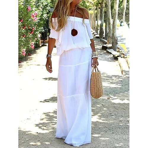 Per donna Abito maxi Finto cotone e lino Abito a Tubino Vestito Estivo Abito Bianco Streetwear Abito Maxi Casual Vacanza Streetwear Ferie Vestibilità regolare Mezza Manica Senza Spalle Nero Bianco