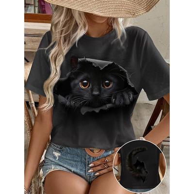 Women's T Shirt Fashion Cat Print Short Sleeve Regular Tops Round Neck Daily Weekend Black Summer 3D cat