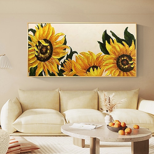 Handgefertigtes Ölgemälde auf Leinwand, Wandkunst, Dekoration, Sonnenblumen-Blumen-Landschaft für Heimdekoration, gerolltes, rahmenloses, ungedehntes Gemälde Image