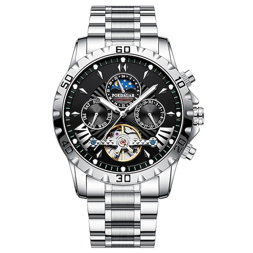 Herren Mechanische Uhr Mode Freizeit Armbanduhr Automatisch Selbstaufzug Mondphase Leuchtend Wasserdicht Stahl Uhr Image