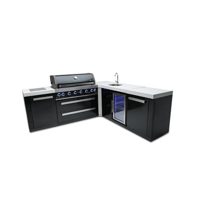 Mont Alpi MAi805-BSS90BEV 6-Burner L-Shaped Black Stainless Steel Modular Outdoor Kitchen Island BBQ Grill with Beverage Center