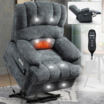 Blue-Gray Oversized Power Lift Recliner Chair with 8-Point Vibration Massage, Lumbar Heating, USB Charge Port, Side Pockets