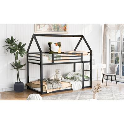 Twin Over Twin House Bunk Bed with Convertible Ladder, Low Metal Bedframe