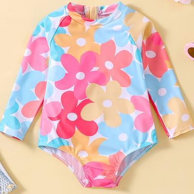 TEMU Cute Toddler Girls Flower Graphic Half Zip Long Sleeve 1-piece Swimwear For Summer Beach