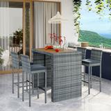 Holaki 5-pieces Outdoor Patio Wicker Bar Set Bar Height Chairs With Non-Slip Feet And Fixed Rope Removable Cushion Acacia Wood Table Top Brown Wood And Gray Wicker
