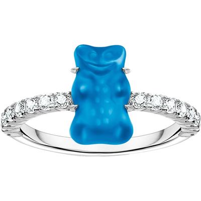 Fingerring THOMAS SABO "THOMAS SABO x HARIBO Schmuck: Ring mit Goldbär" Gr. 52, blau (silberfarben, blau, kristallweiß, 