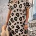 Leopard Print Crew Neck Dress, Casual Short Sleeve Loose Fit Dress For Spring & Summer, Women's Clothing