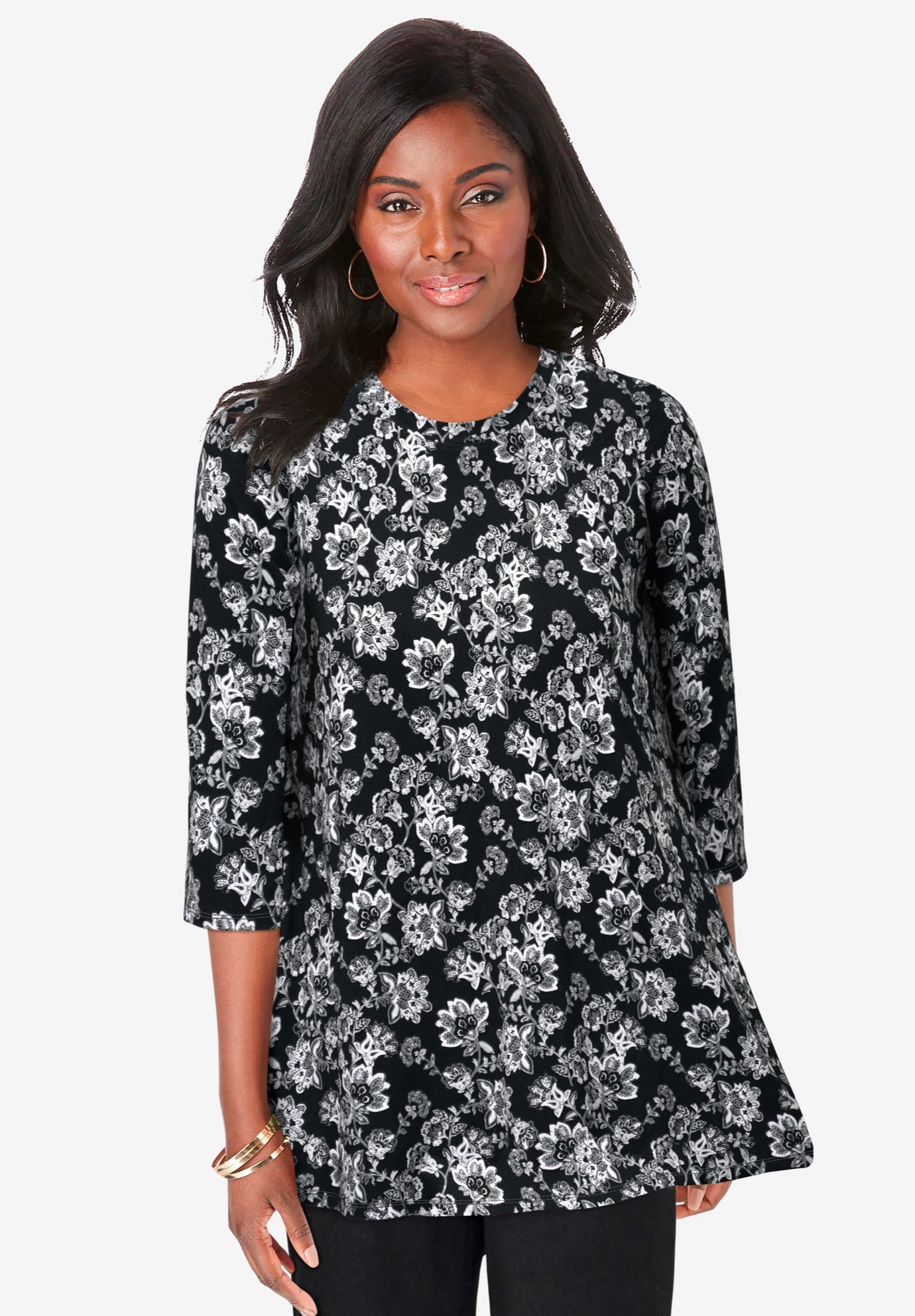 Plus Size Women's Stretch Knit Swing Tunic by Jessica London in Black White Folk Floral (Size 26/28) Long Loose 3/4 Sleeve Shirt