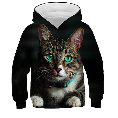 kinderkleidung Mädchen Kapuzenshirt Katze Casual Langarm Aktiv Baumwolle 7-13 Jahre Herbst Mehrfarbig Schwarz Weiß Image