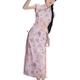 KATIAK Qipao Dress Women Print Chinese Traditional Dress Long Qipao Short Sleeve Side Slit Slim Summer Cheongsam for Wedding Evening Pink L