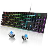 Mechanical Gaming Keyboard RGB 104 Keys USB Wired Keyboard with Blue Switch LED Backlit Durable Keycaps/Anti-Ghosting/Spill-Resistant/Anti-Dust Gaming Keyboard for Windows PC Computer Laptop