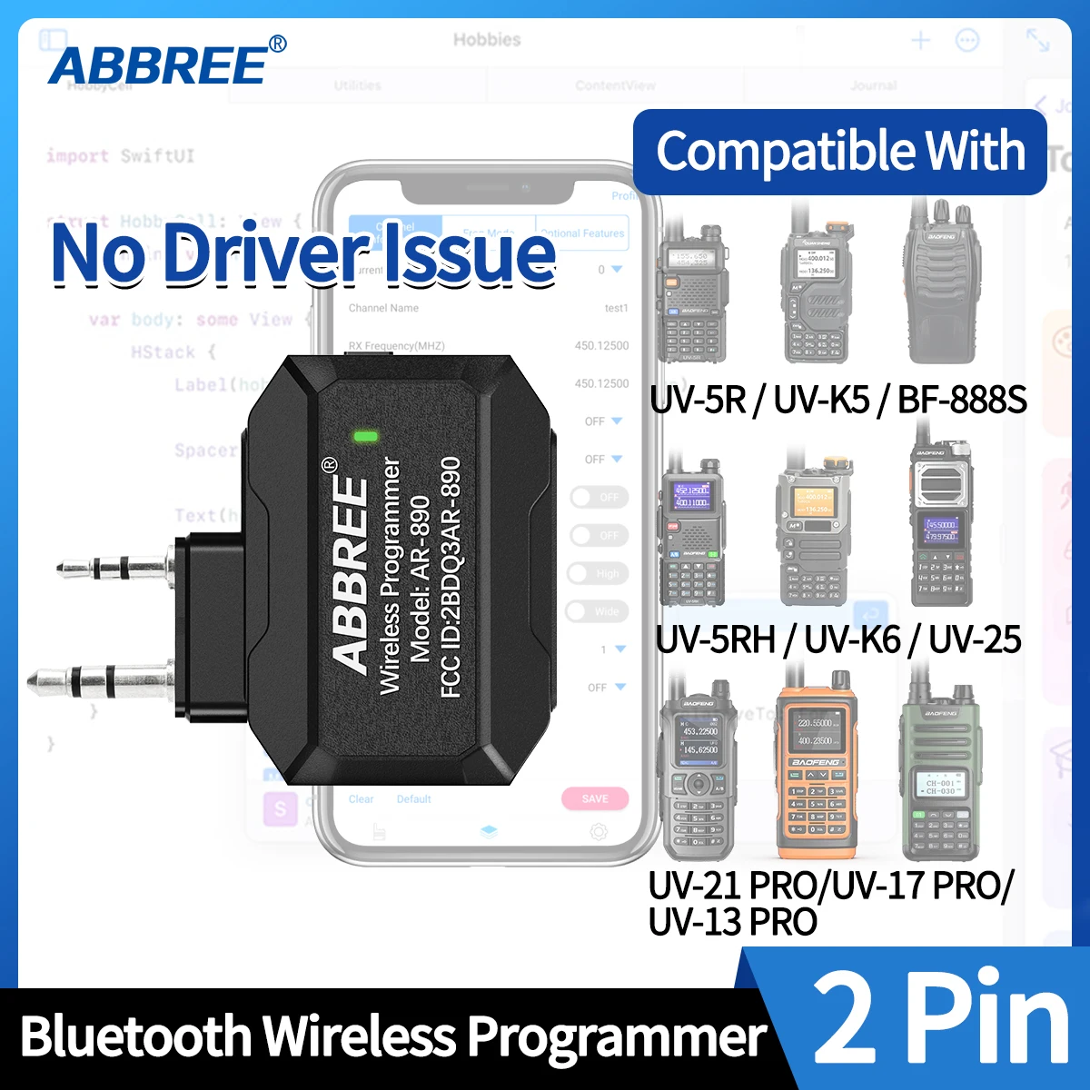 Abbree Bluetooth Wireless Programmierer für Walkie Talkie Plug & Play ohne Treiber Ausgabe Telefon App Programmierung für Baofeng UV5R BF888s Image