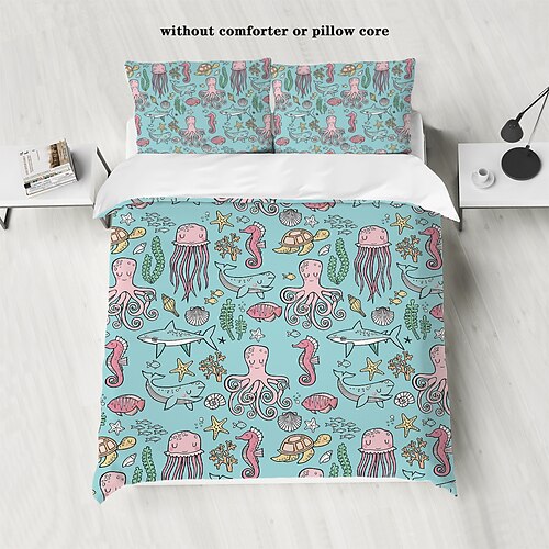Unterwasserwelt, Meerestiere, Meeresschildkröten, Delfine, Tintenfische, 3D-gedrucktes 3-teiliges Daunenbettbezug-Set für Hotels, Schlafzimmer, Gästezimmer und luxuriöses, bequemes Bettwäscheset Image