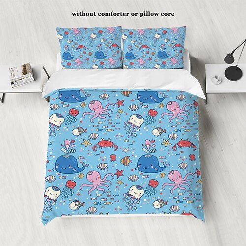 Unterwasserwelt, Meerestiere, Meeresschildkröten, Delfine, Tintenfische, 3D-gedrucktes 3-teiliges Daunenbettbezug-Set für Hotels, Schlafzimmer, Gästezimmer und luxuriöses, bequemes Bettwäscheset Image
