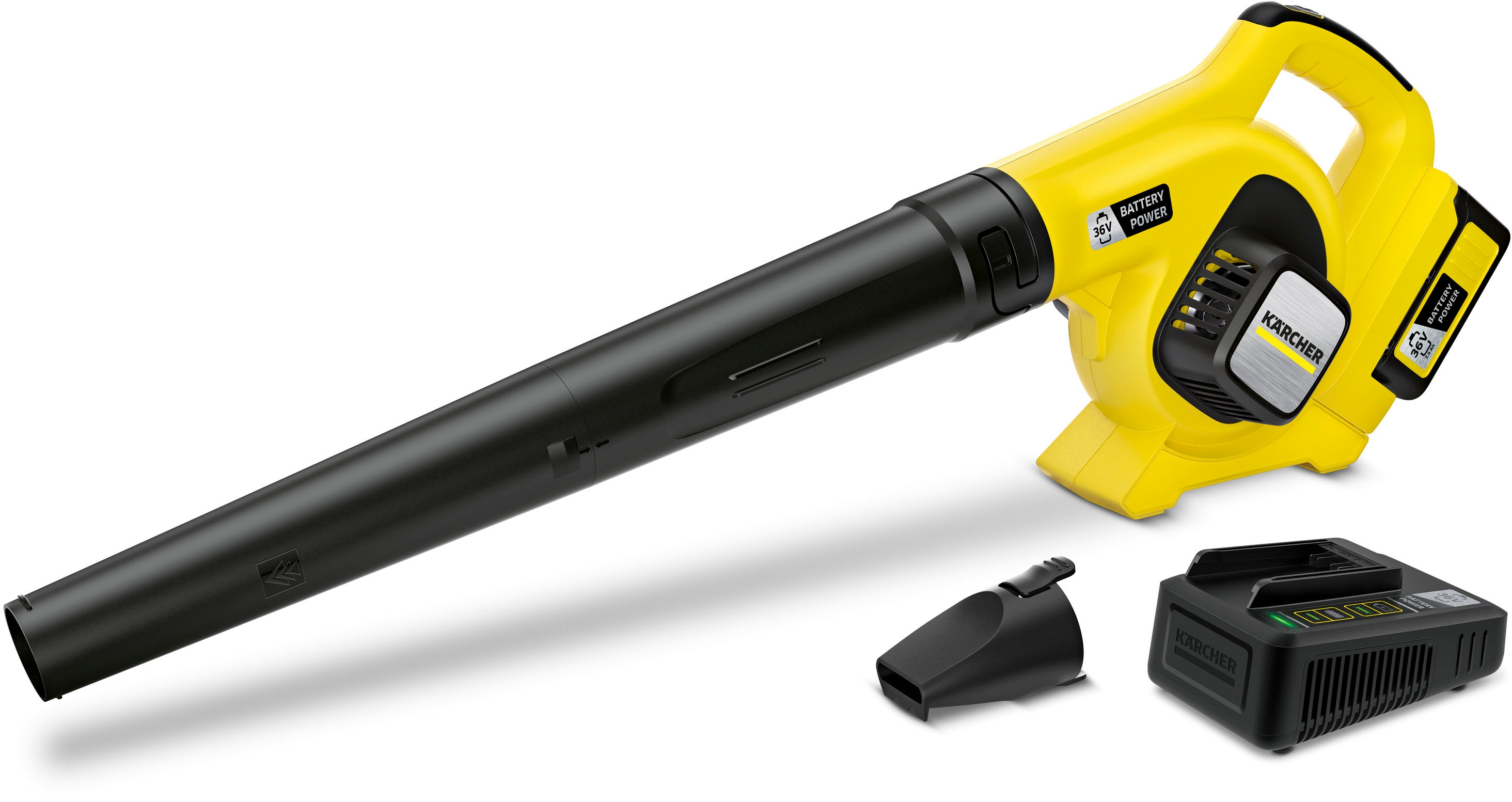 Akku-Laubbläser KÄRCHER "LBL 4 BATTERY SET", gelb, B:17cm H:30,5cm L:97,5cm, Kunststoff, Laubsauger, mit Gebläserohr, Akku und Ladegerät, 330 m²/h