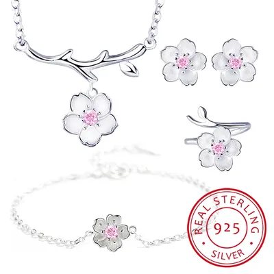 925 Sterling Silver Jewelry Sets Romantic Cherry Blossoms Flower Necklace+Earrings+Ring+Bracelet For