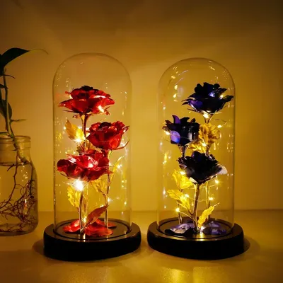 Rose enchantée en verre avec lumières LED, fleur artificielle, cadeau de Noël, la belle et la bête,