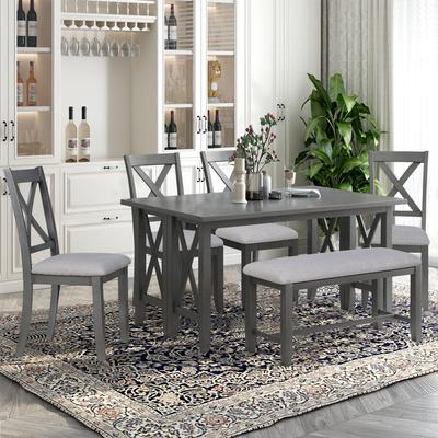 6-Piece Solid Wood Saving-Space Dining Set, Rectangular Foldable Table, 4 Chairs and 1 Bench with Padded Seat