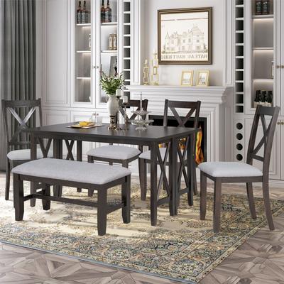 6-Piece Solid Wood Saving-Space Dining Set, Rectangular Foldable Table, 4 Chairs and 1 Bench with Padded Seat