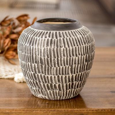 'Modern Textured Ceramic Vase with Hand-Painted Black Accents'
