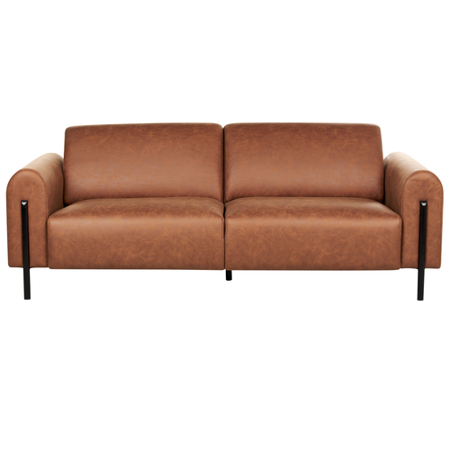 3-Sitzer Sofa Goldbraun Lederoptik Verstellbare Rückenlehne Schwarze Metallfüße Breite Armlehnen Luftleder Leathaire Modern Wohnzimmer